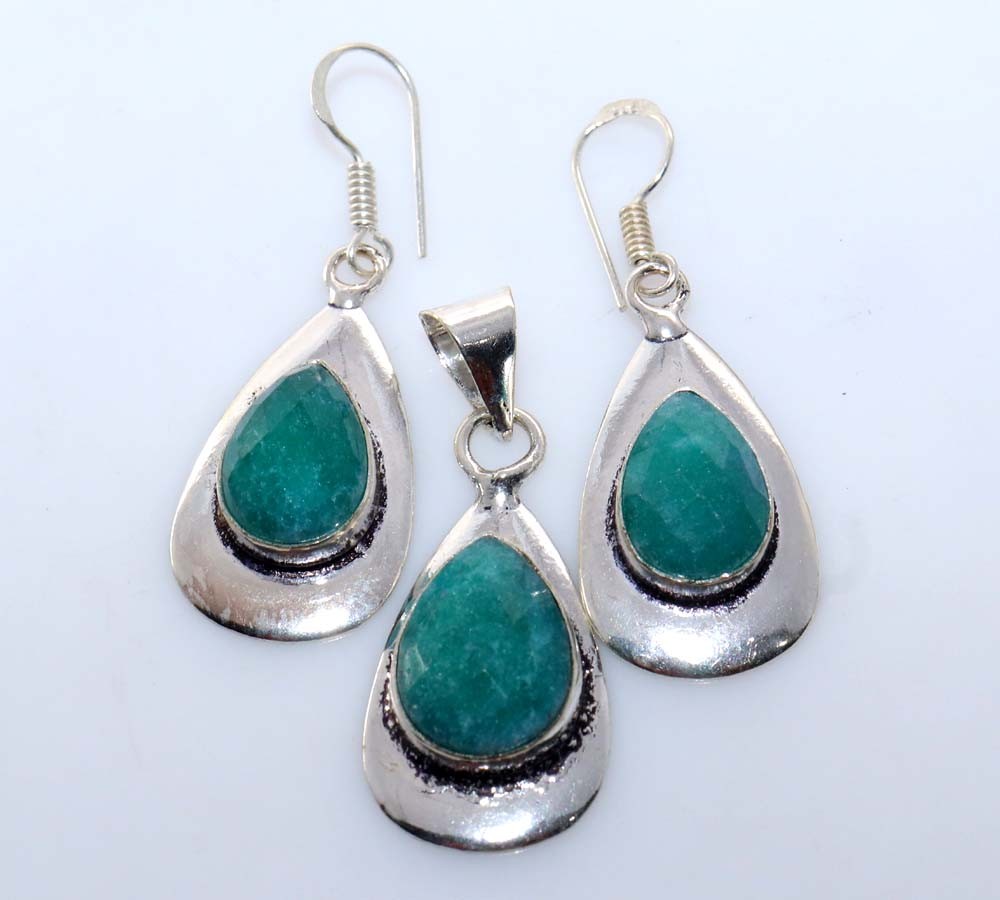 925 Silver Plated Simulated Emerald Pendant Earrings Set 1.6|1.7″ Trendy MJ