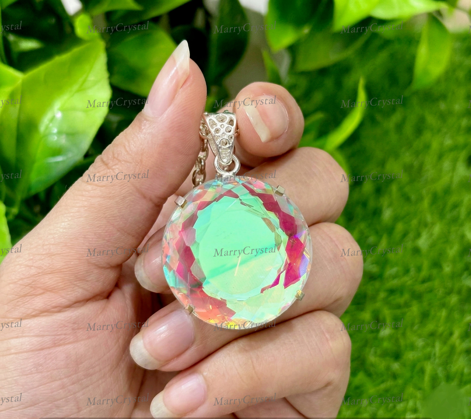 Handcrafted Dichroic Mystic Glass Pendant Necklace, Multi-Color Round Gemstone
