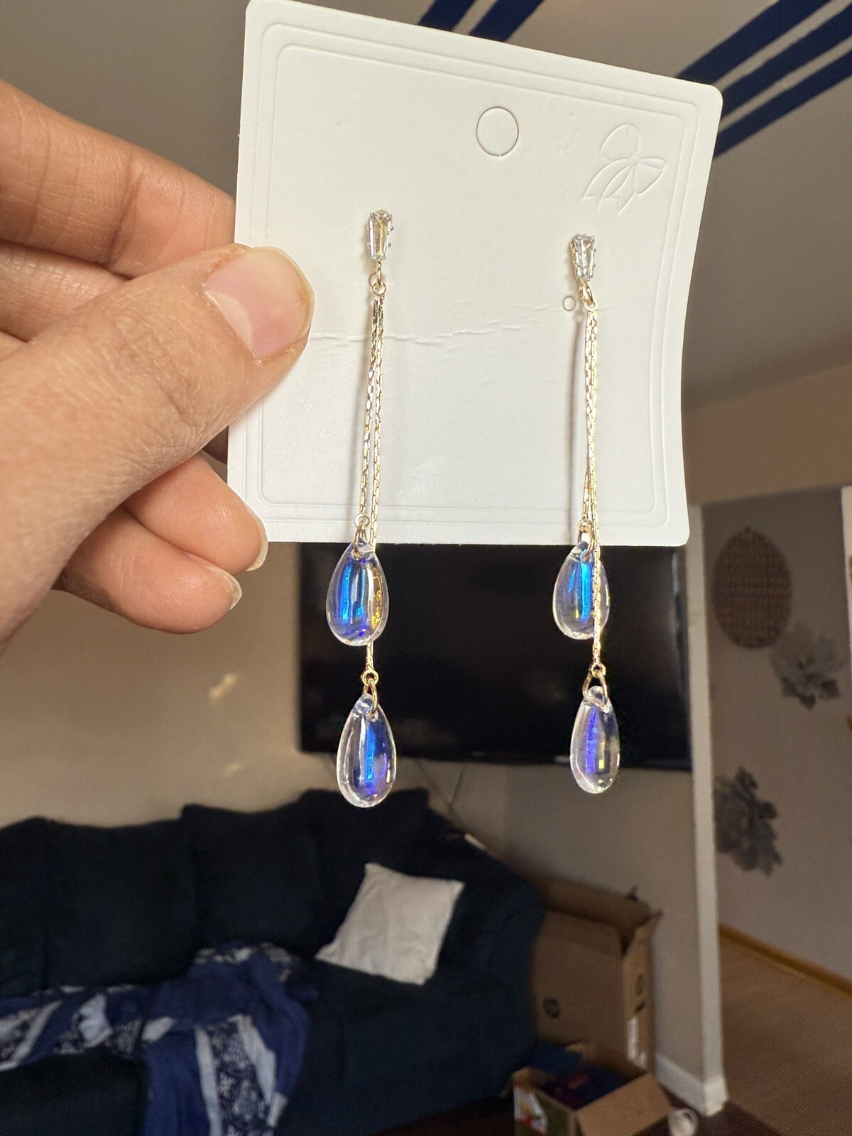 Long Aurora Borealis Earrings Iridescent Dangle Clear Rainbow Crystal Earrings