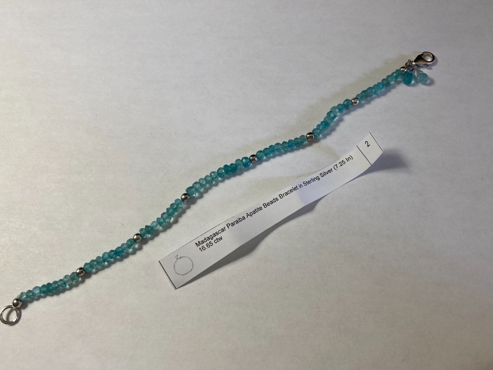 .925 Sterling Silver 3mm Paraiba Apatite Bead Bracelet 7.25″ Dangle Bead Accent