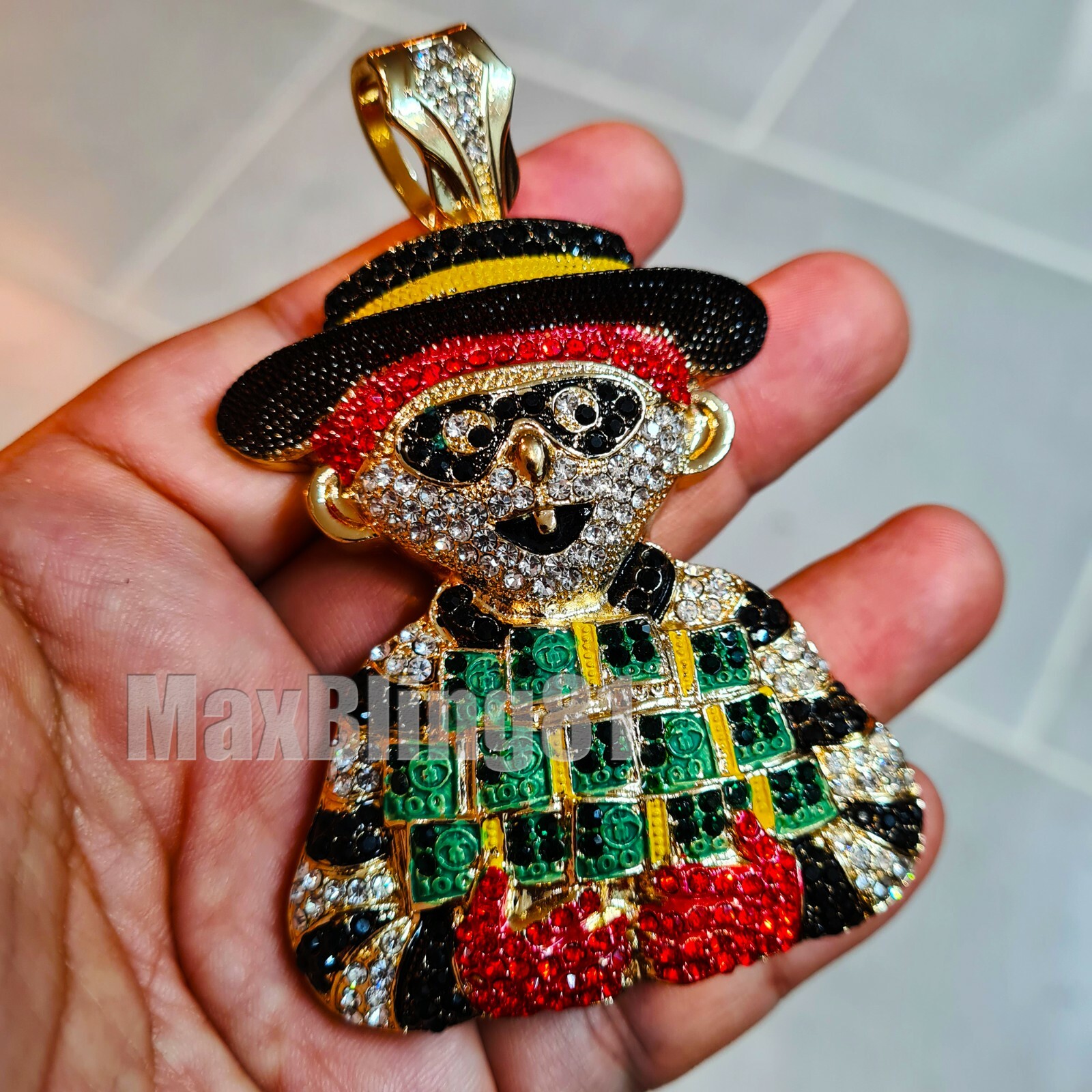 Hip Hop Large MONEY ROBBER Pendant & 16″ 18″ Iced Baguette Choker Chain Necklace