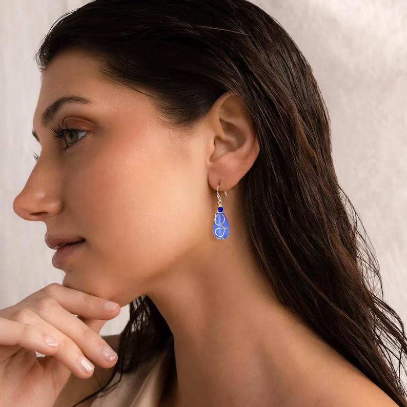 Ladies Dangle Earrings, Dainty Teardrop Earrings, Blue Jewelry, Seaglass Earring