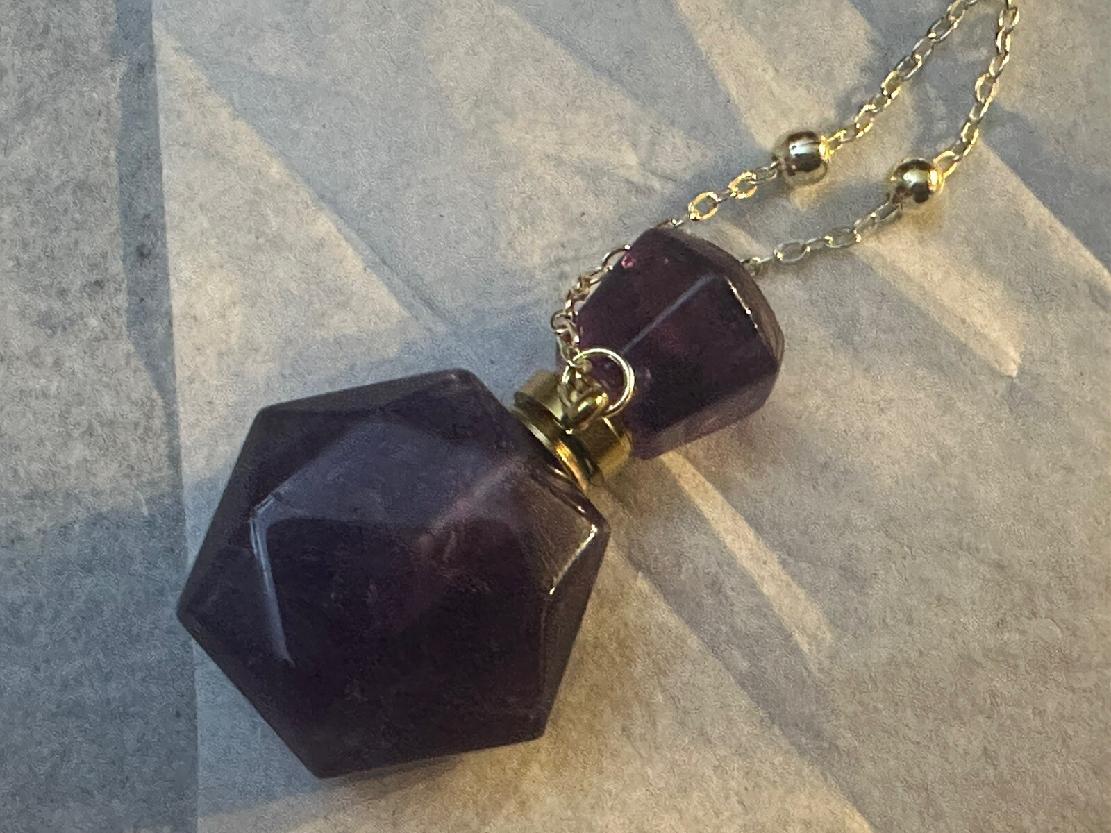 Natural Amethyst Pendant Perfume Bottle W/ Stainless Steel Chain