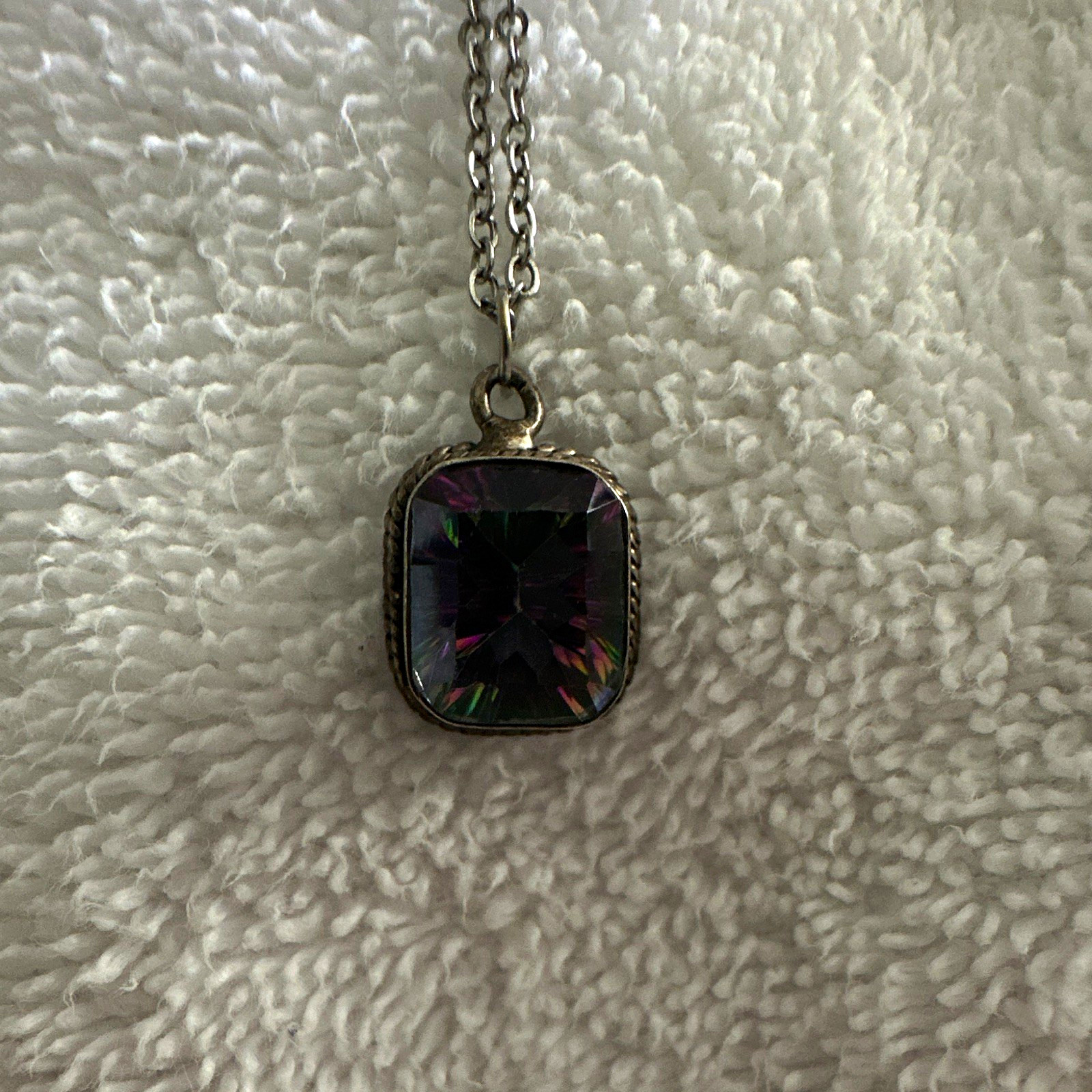 Silver Tone Cable Chain Pendant Necklace Bezel Set Cushion Multicolor Crystal