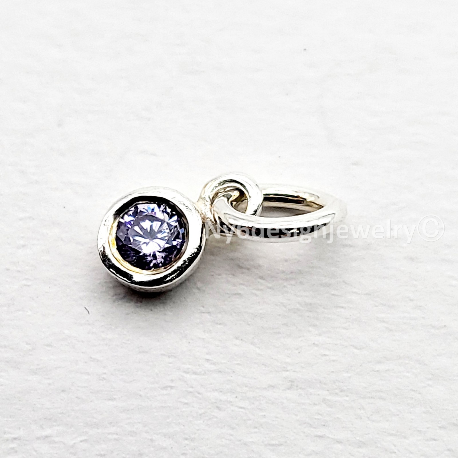 Sterling Silver 4mm CZ Light Purple Birthstone Charm with 5mm jump ring