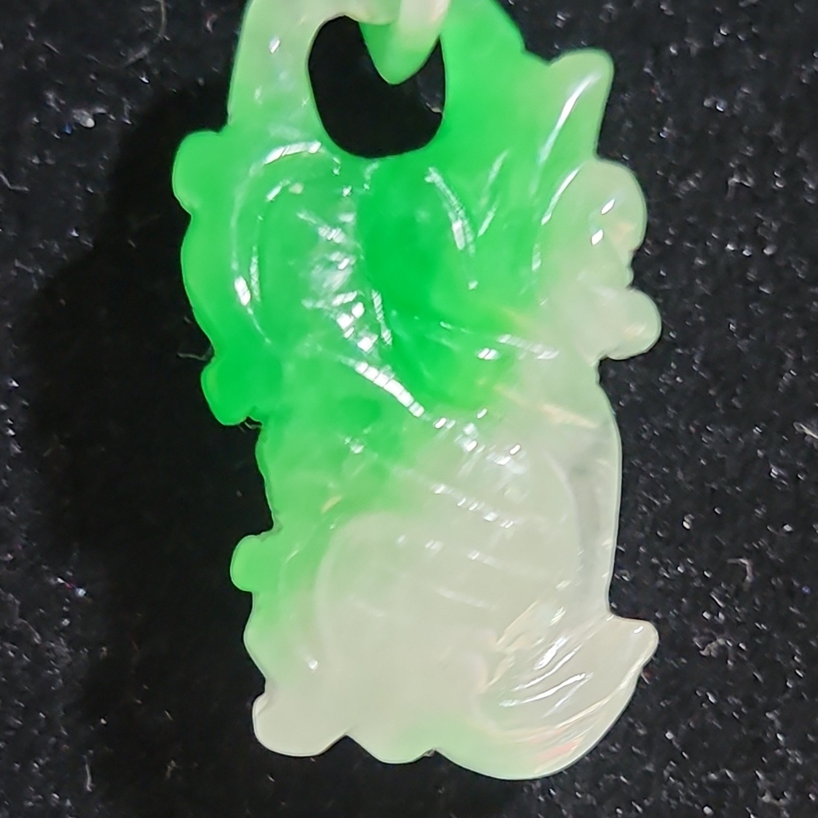 Hand Carved Jadeite Gr/Wh Snow Moss Dragon Carp Pendant 925 SS Ball Chain 18″