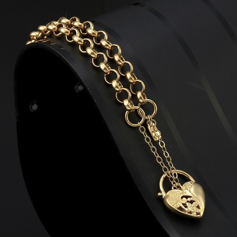 18K GL Solid Belcher Yellow Gold Bracelet & Half Filigree Heart Padlock