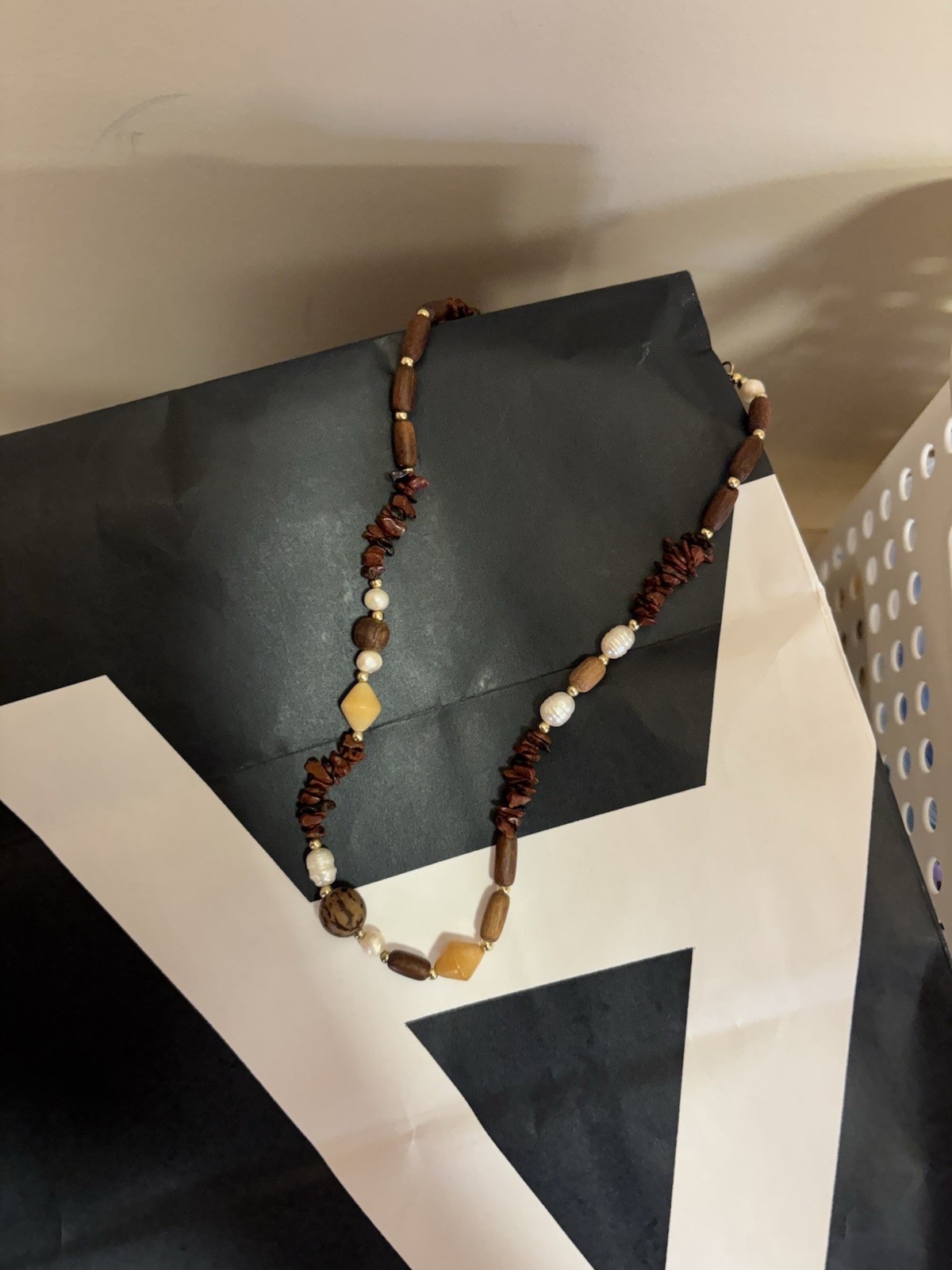 Brown Beige White Beaded Stone Necklace, Lobster Clasp, Korea-Sourced