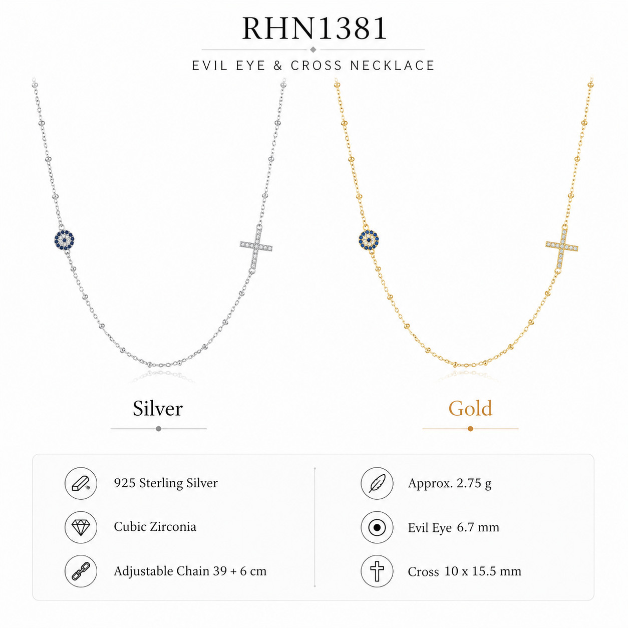 925 Sterling Silver Evil Eye Cross Station CZ Necklace for Women