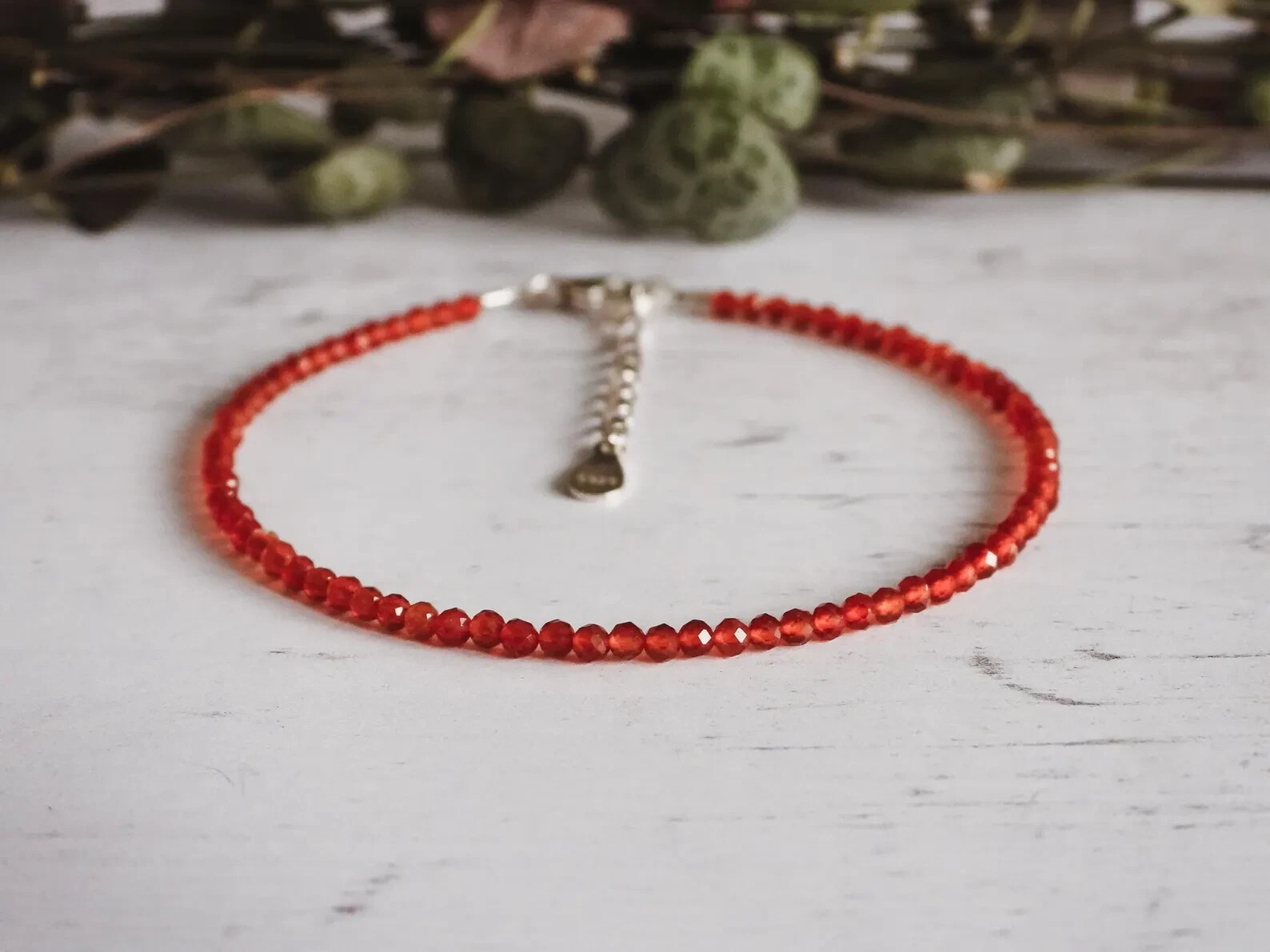 Dainty Red Carnelian Gemstone Anklet Sterling Silver, Adjustable Bracelet