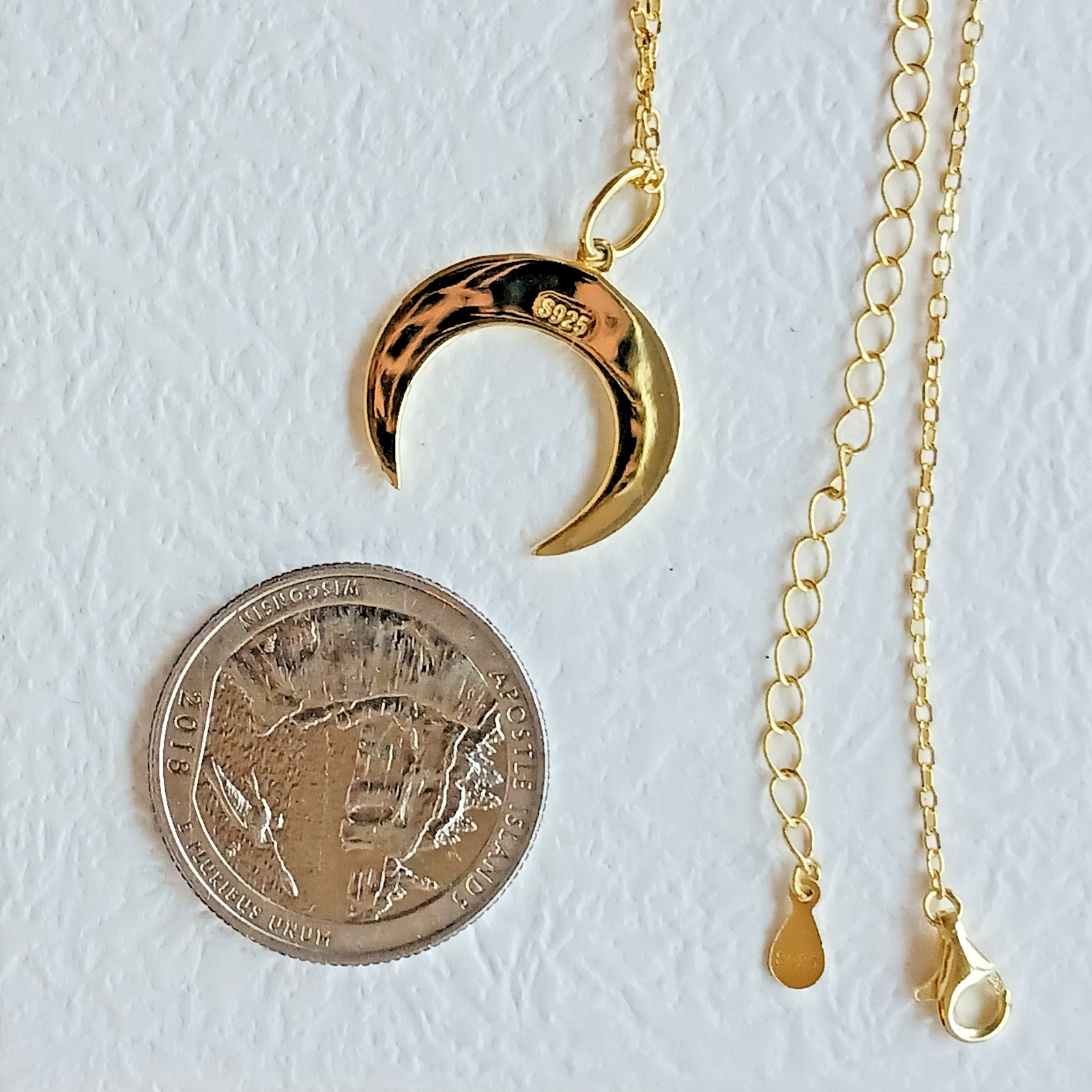 US Seller Solid Sterling Silver 925 Dainty Crescent Moon, 18K GP, 16+2″ Chain