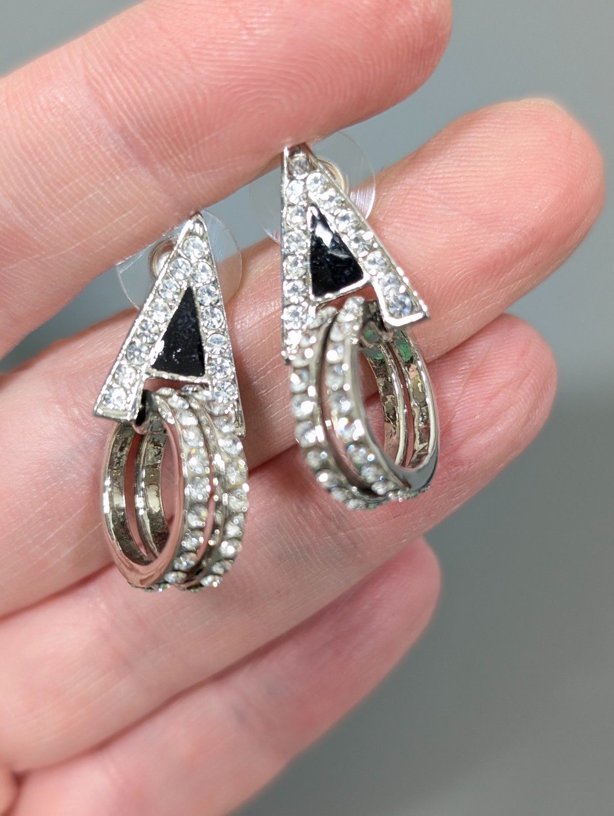 Retro Art Deco Black Triangle Rhinestone Pave Hoop Dangle Earrings