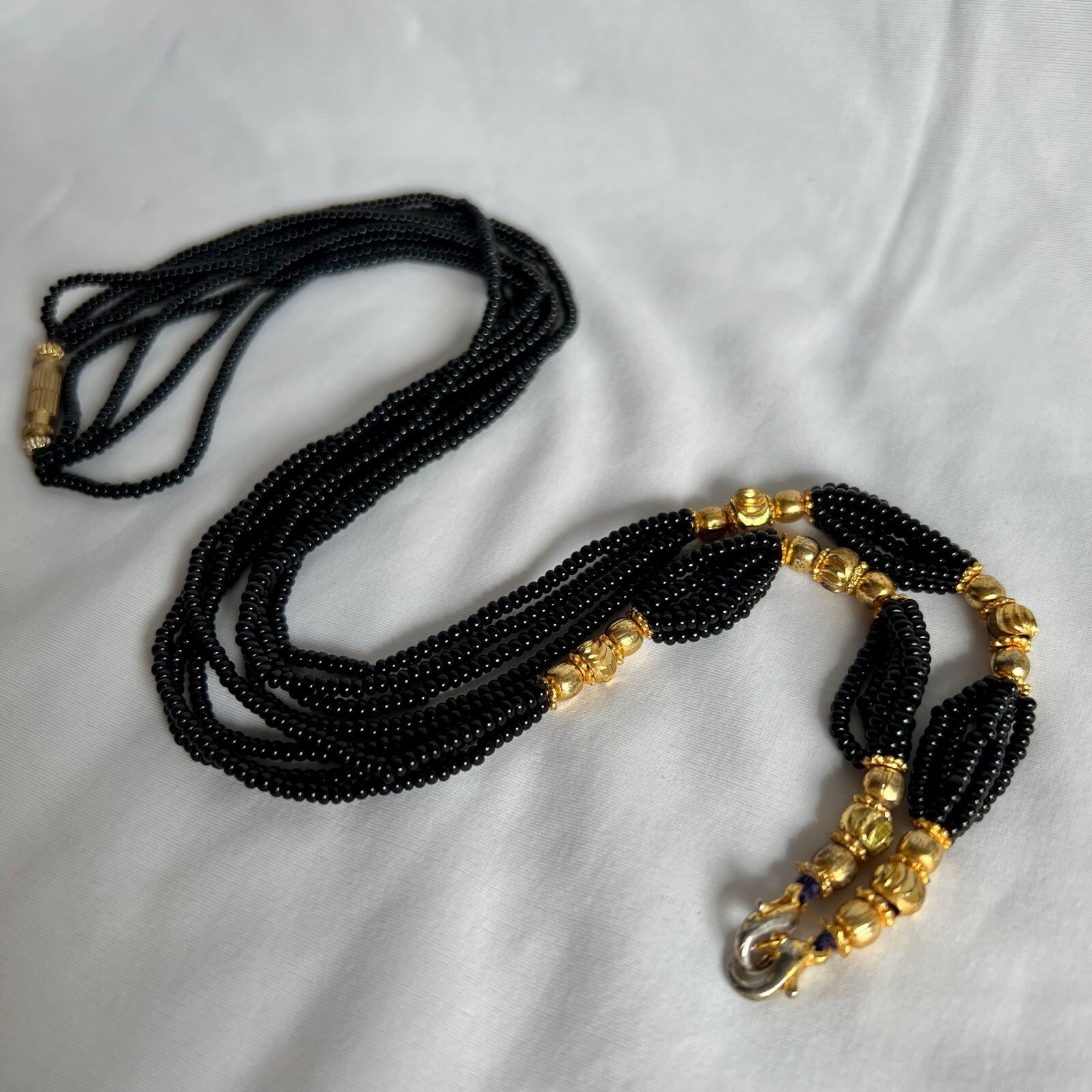 Vintage Black Seed Bead Multi Strand Statement Necklace Gold Accent Costume Boho
