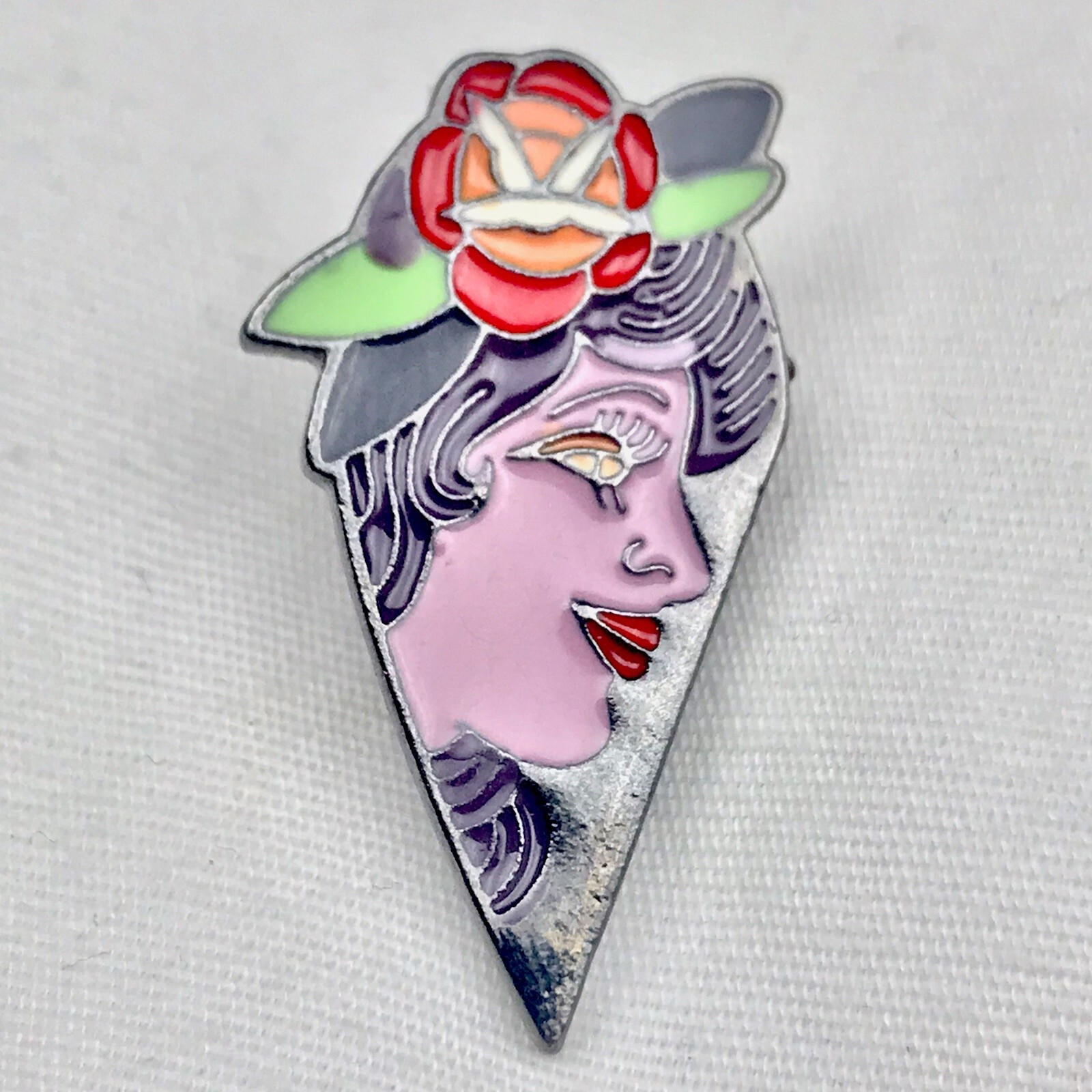 Enamel Pin Womens Traditional Tattoo Art Stylized Woman Face Wearable Art