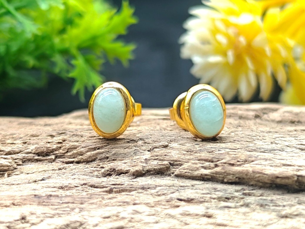 Natural Amazonite Studs Pair, 6x8mm Oval Gemstone Earrings Gold Plated Jewelry