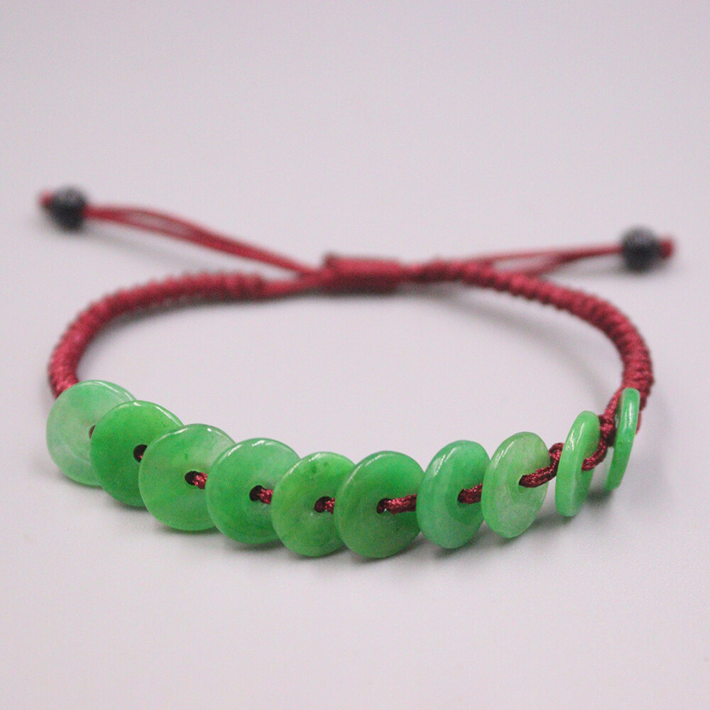 Natural Chinese Jade 10pcs Green Safe Bead Red Cord Knitted Bracelet 15-16.5cm