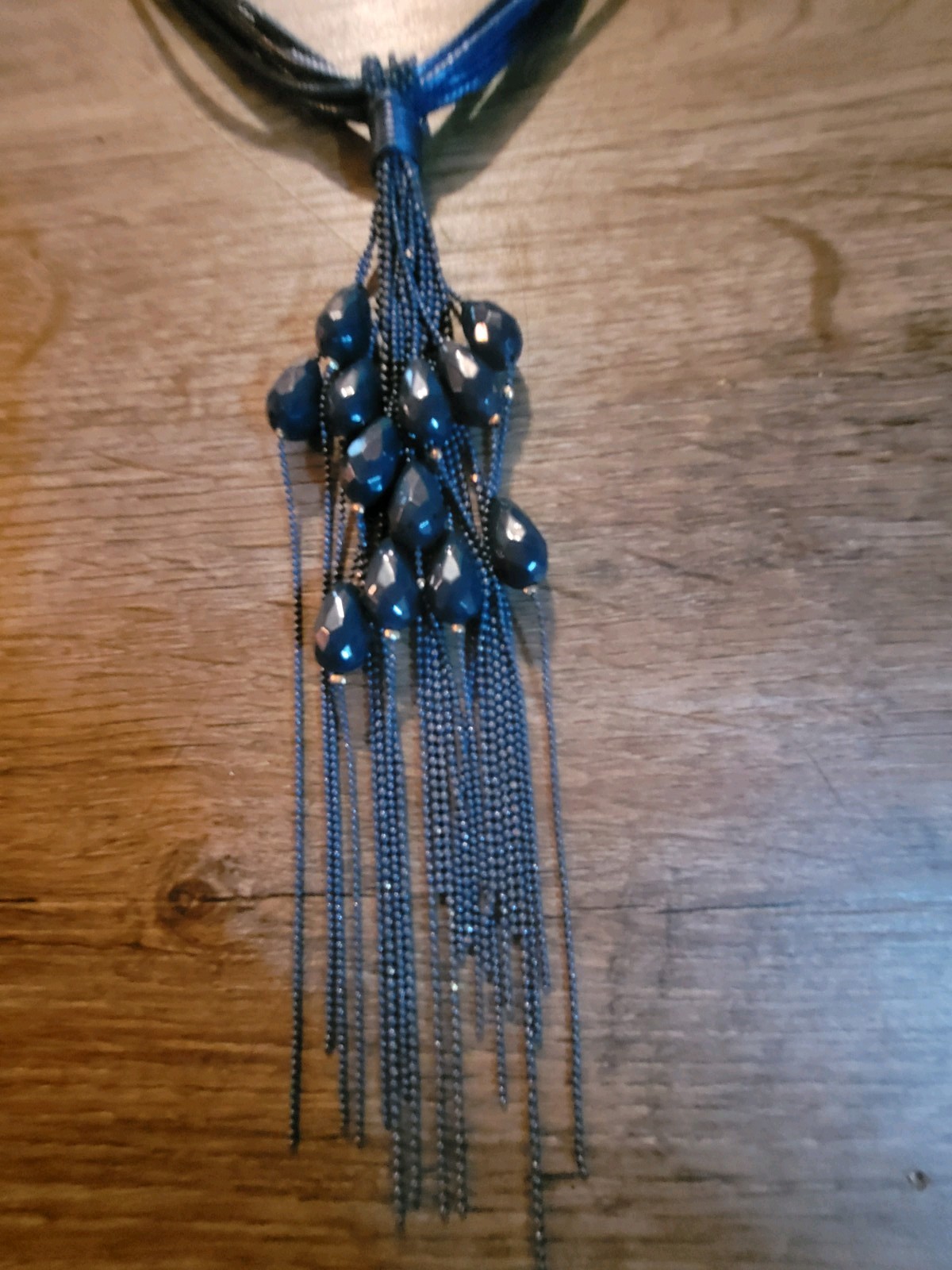 Long Dramatic Tassel Pendant Necklace Blue Multi-Strand Cording Statement Piece