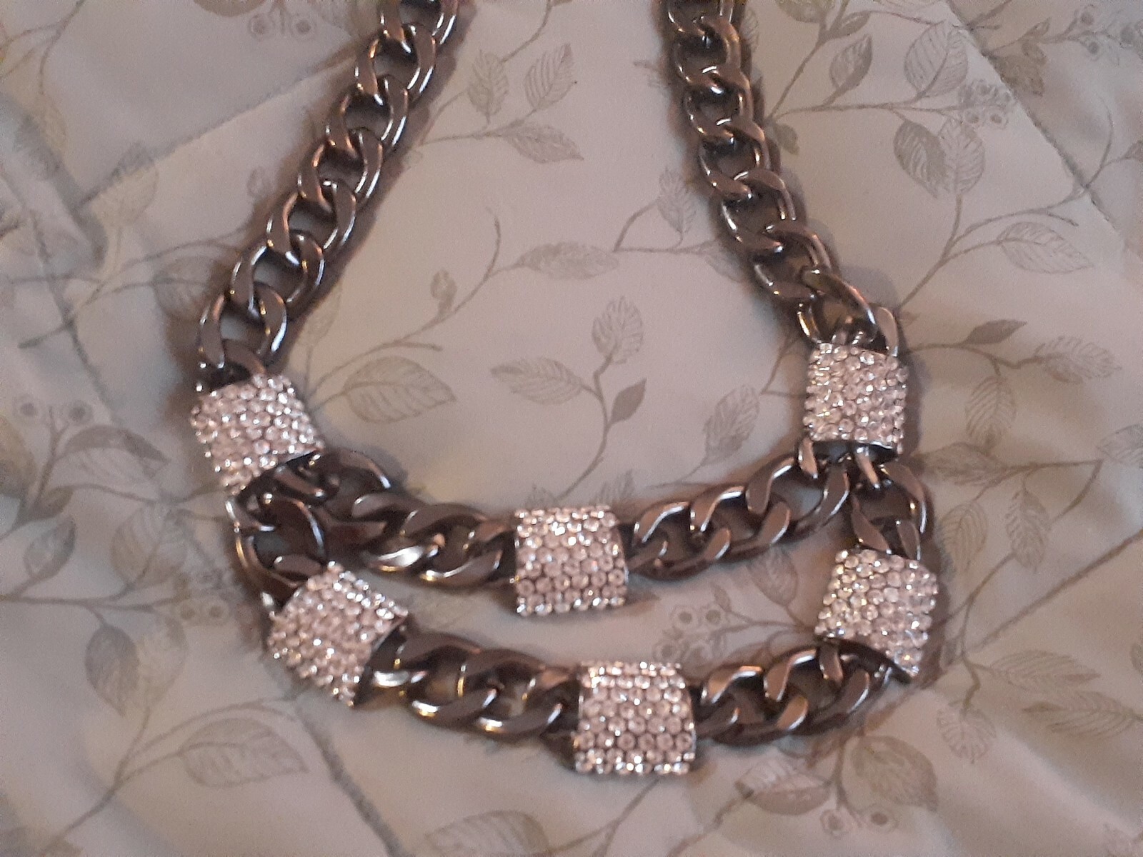 Gun Metal Grey Multi Oval Link Rhinestone Statement double strand necklace. 21″