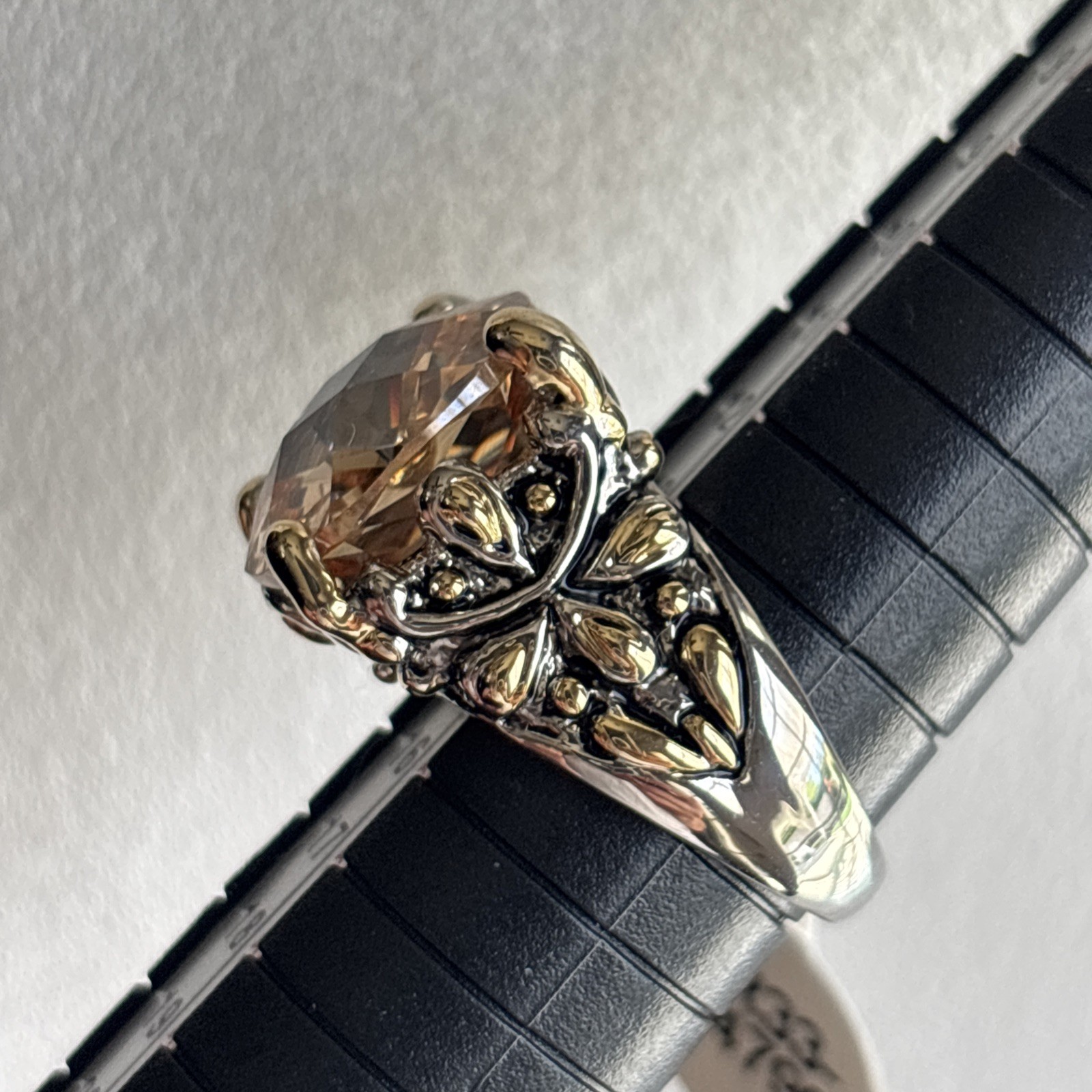 Inspirational Champagne Cushion Cut CZ Crystal Silver Gold Balinese Ring Size 7