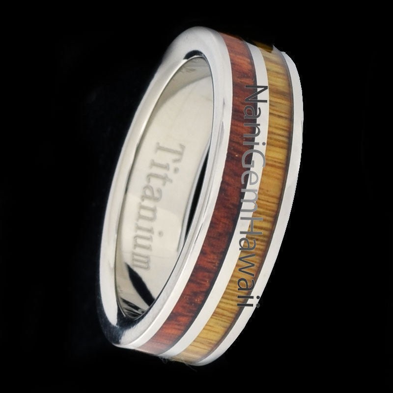 Titanium Koa Wood 6mm 2 Tone Double Row Band Ring Flat Edge