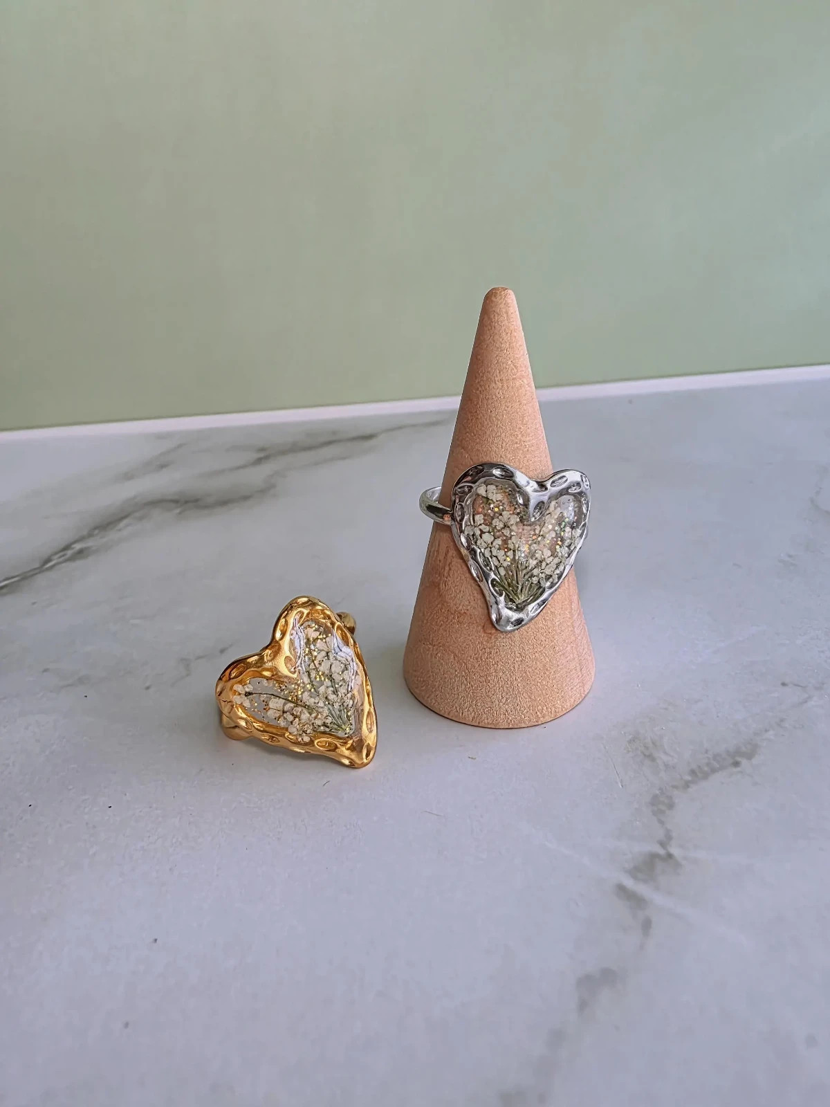14k Yellow Gold Heart Ring Pressed Flower Plated Resin Adjustable Botanical Gift
