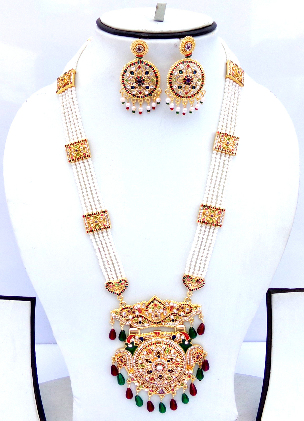 Indian Bollywood Gold Plated Pearl CZ Long Bridal Necklace Earrings Jewelry Set