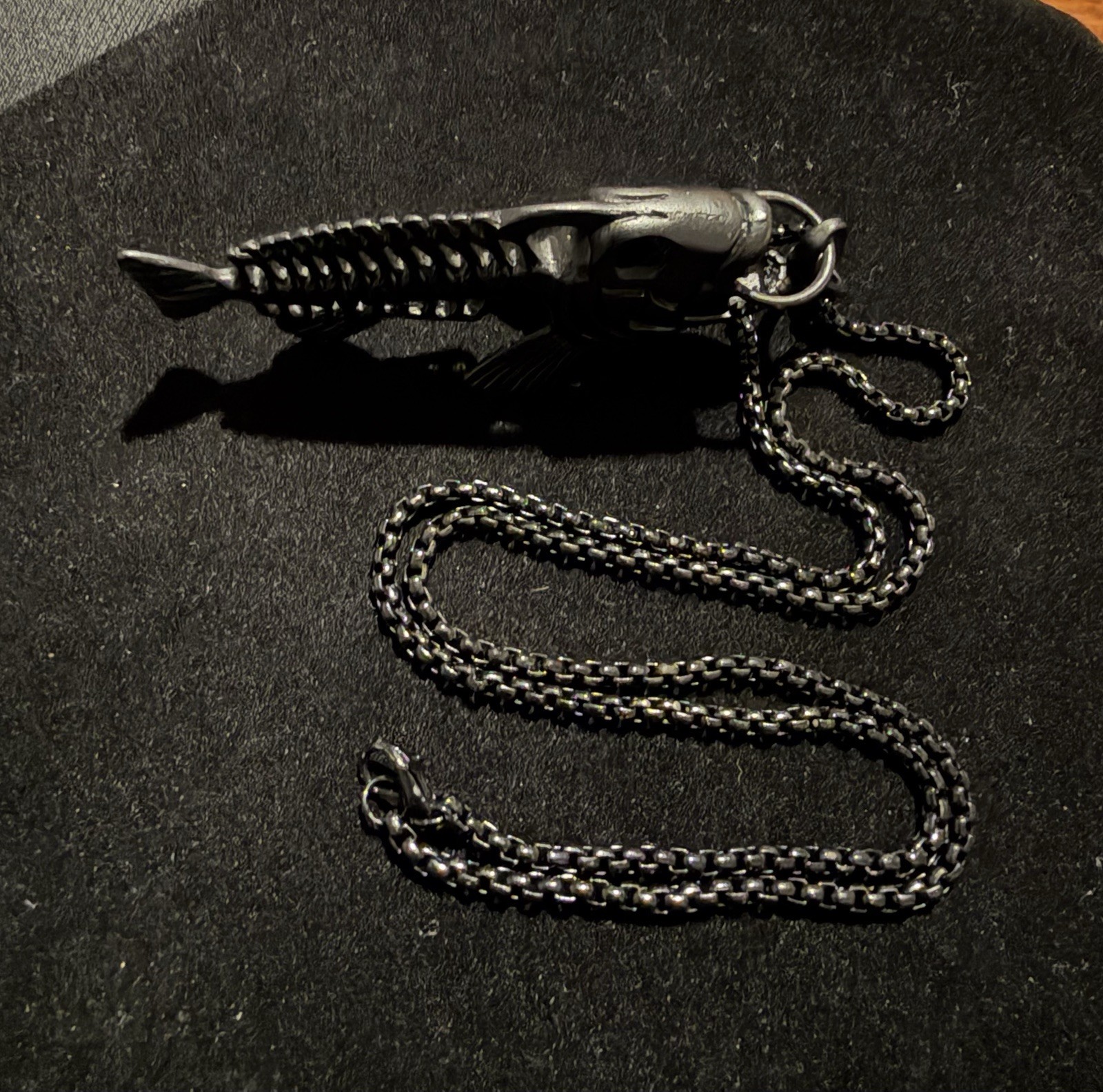 Silver Tone Fish Skeleton Charm Pendant Necklace, Metal Curb Chain, Lobster