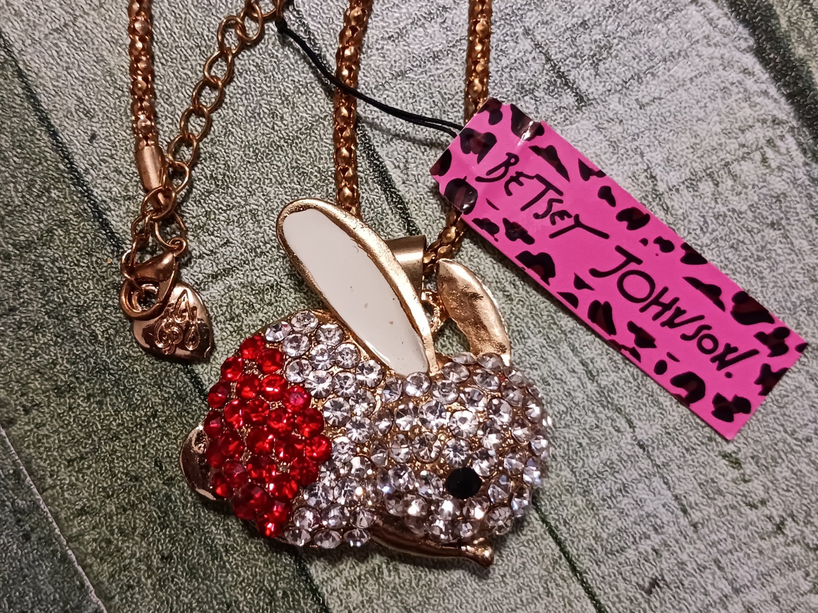 🔥 Older Betsey Johnson Rabbit Charm Pendant Necklace Crystal Rhinestone Signed
