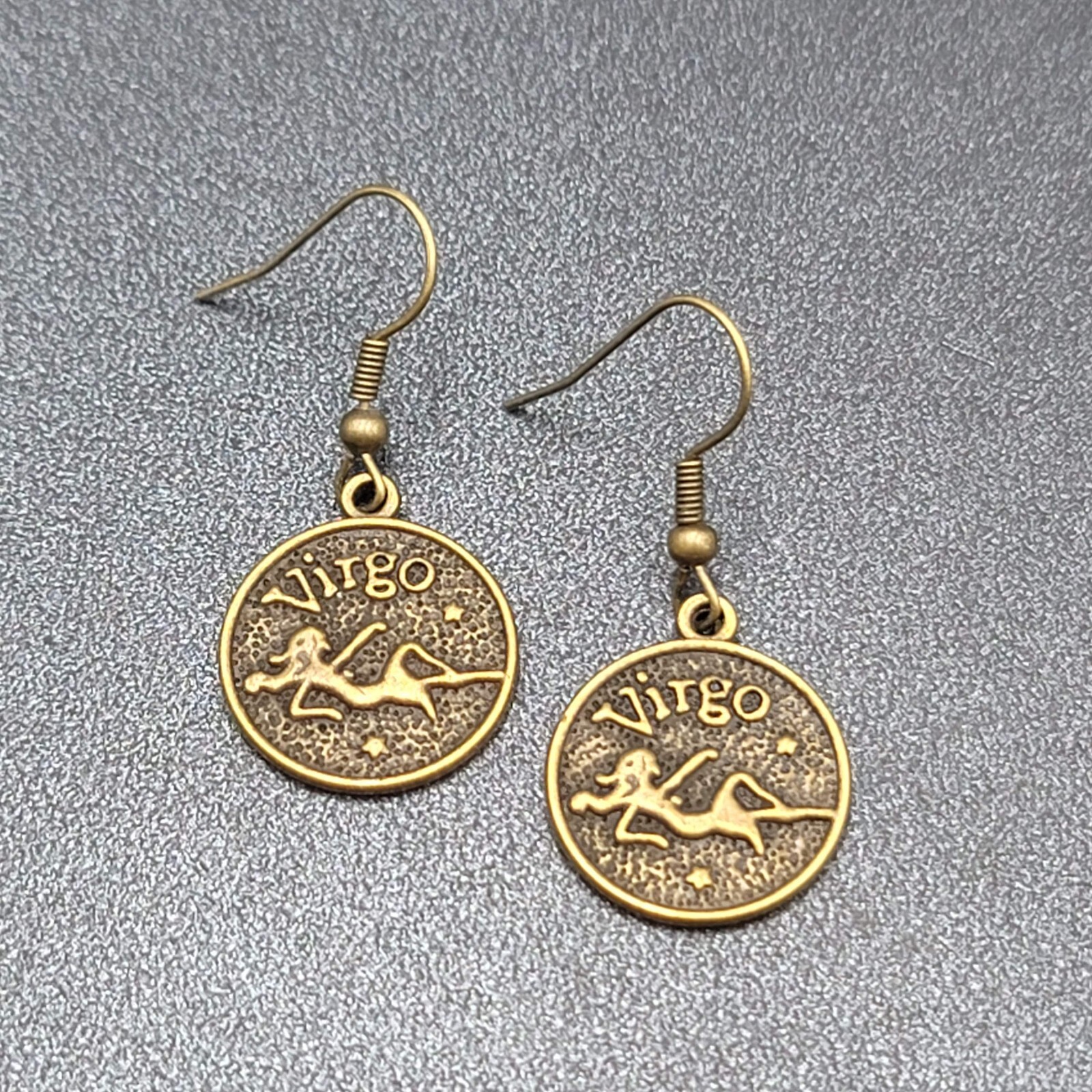 Zodiac Pierced Earrings Antiqued Gold tone Dangle Round 3/4″