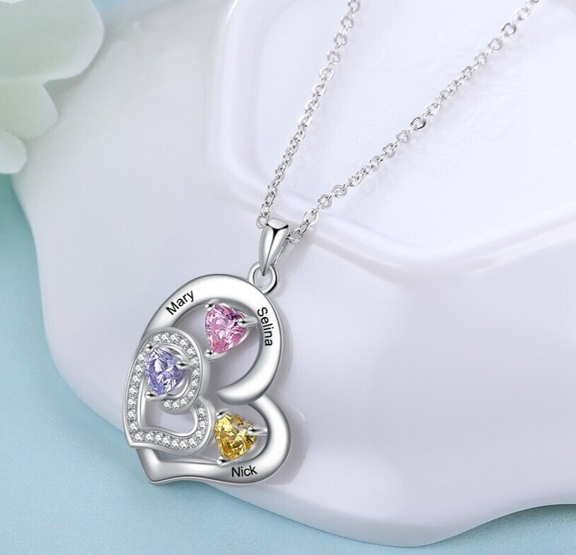 Personalized Engraved Double Heart Pendant Necklace 3 Names + 3 Birthstones