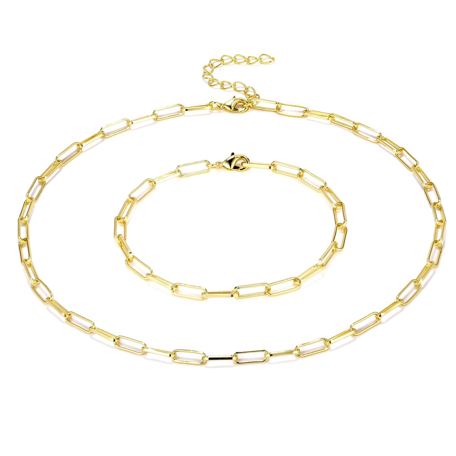 Paperclip Link Chain Necklace Bracelet Set Dainty Rectangle 14K Gold Plated