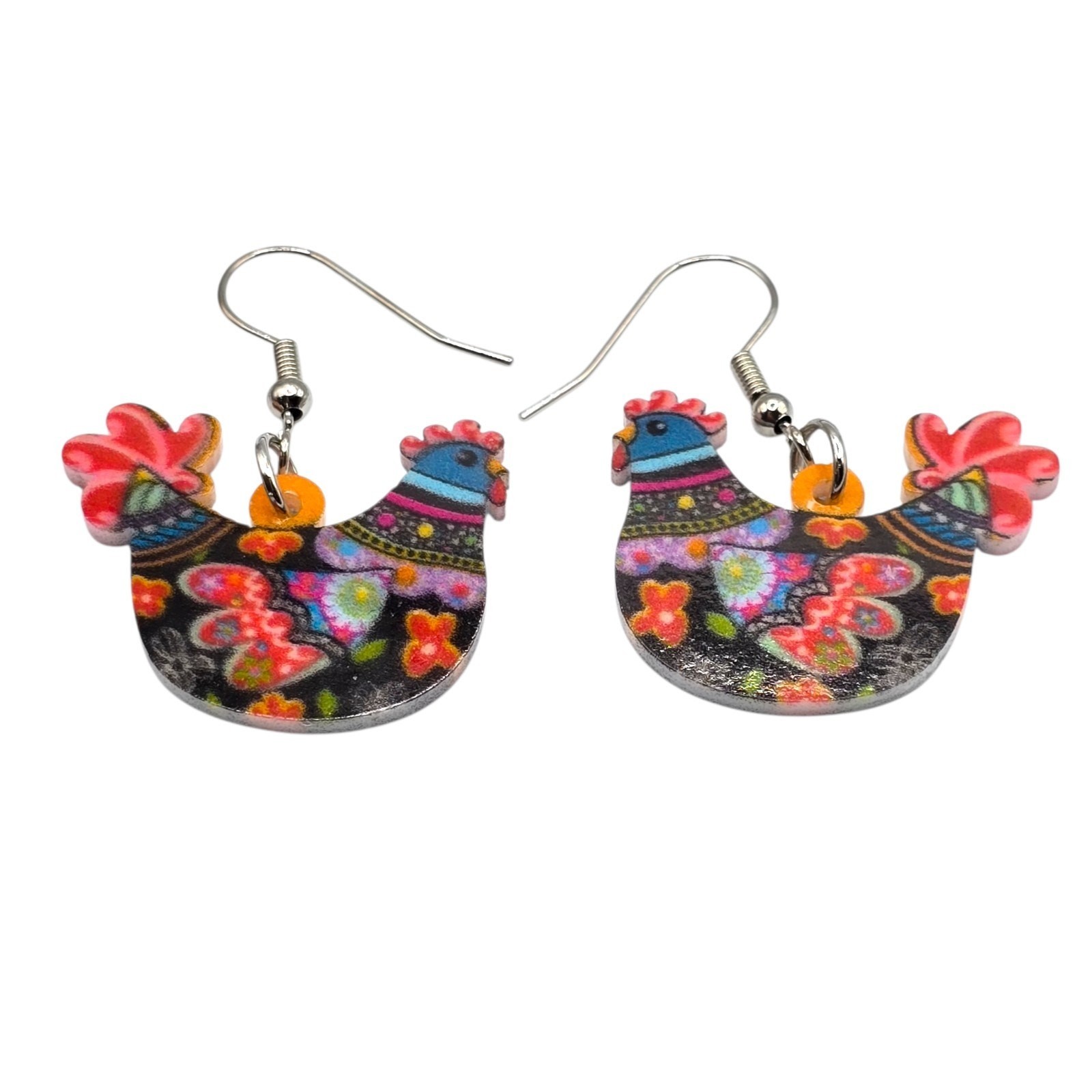 Earrings Hens Colorful Acrylic Chicken Dangle Novelty Fun Pierced SKU 3075