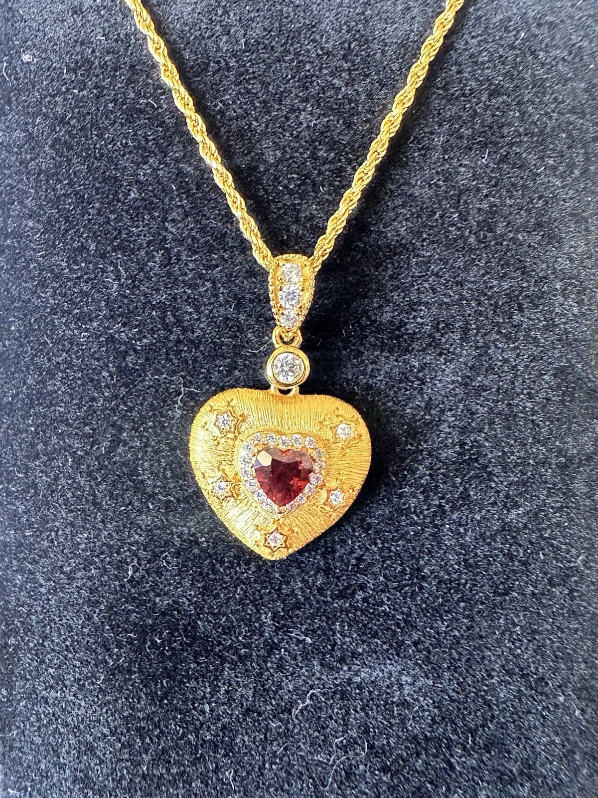 S925 Garnet Heart Charm Pendant with Necklace Rope Chain