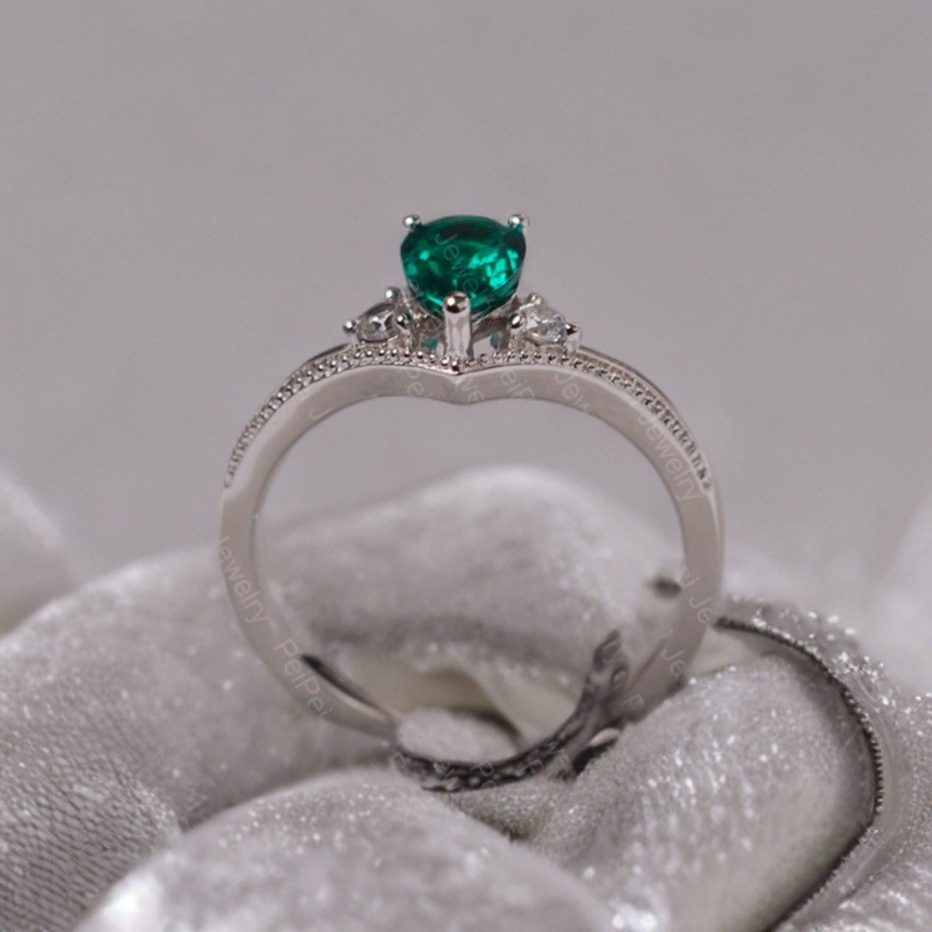 7x5mm Created Emerald Pear Women Engagement Ring 14k White Gold Plated