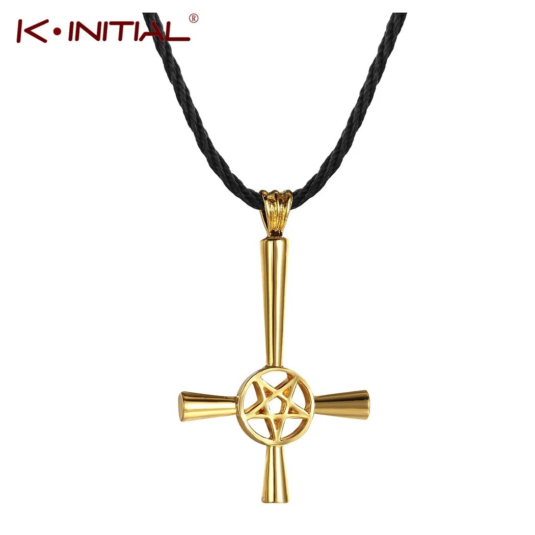 Inverted Cross Pentacle Pentagram Star Silver Pendant Necklace Satanic Religious