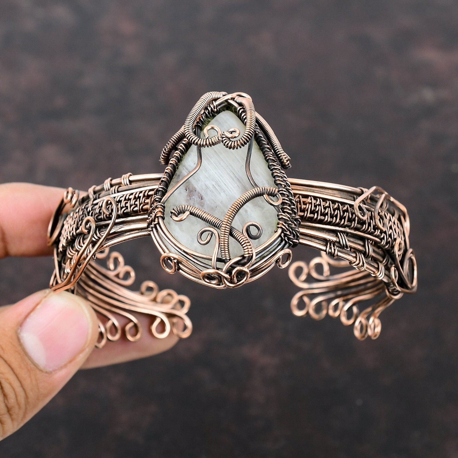 Rainbow Moonstone Wire Wrapped Adjustable Cuff Handcrafted Copper Unique Gift