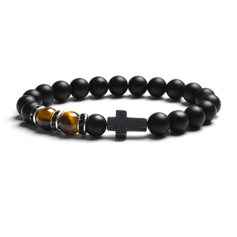 Tiger Eye & Black Agate Beaded Bracelet Men Women Elastic Cross Faith Jewelry