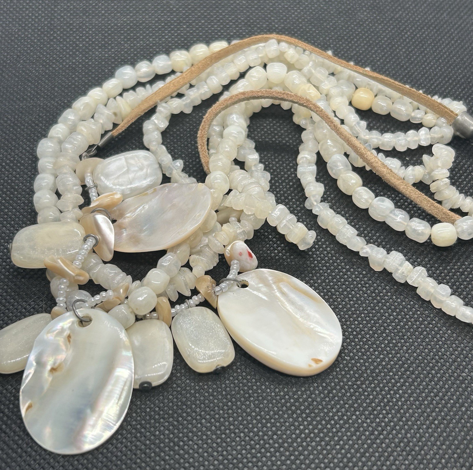 Cute & Beachy Shell Like White & Tan Necklace w/ Off white Abalone Type Accents