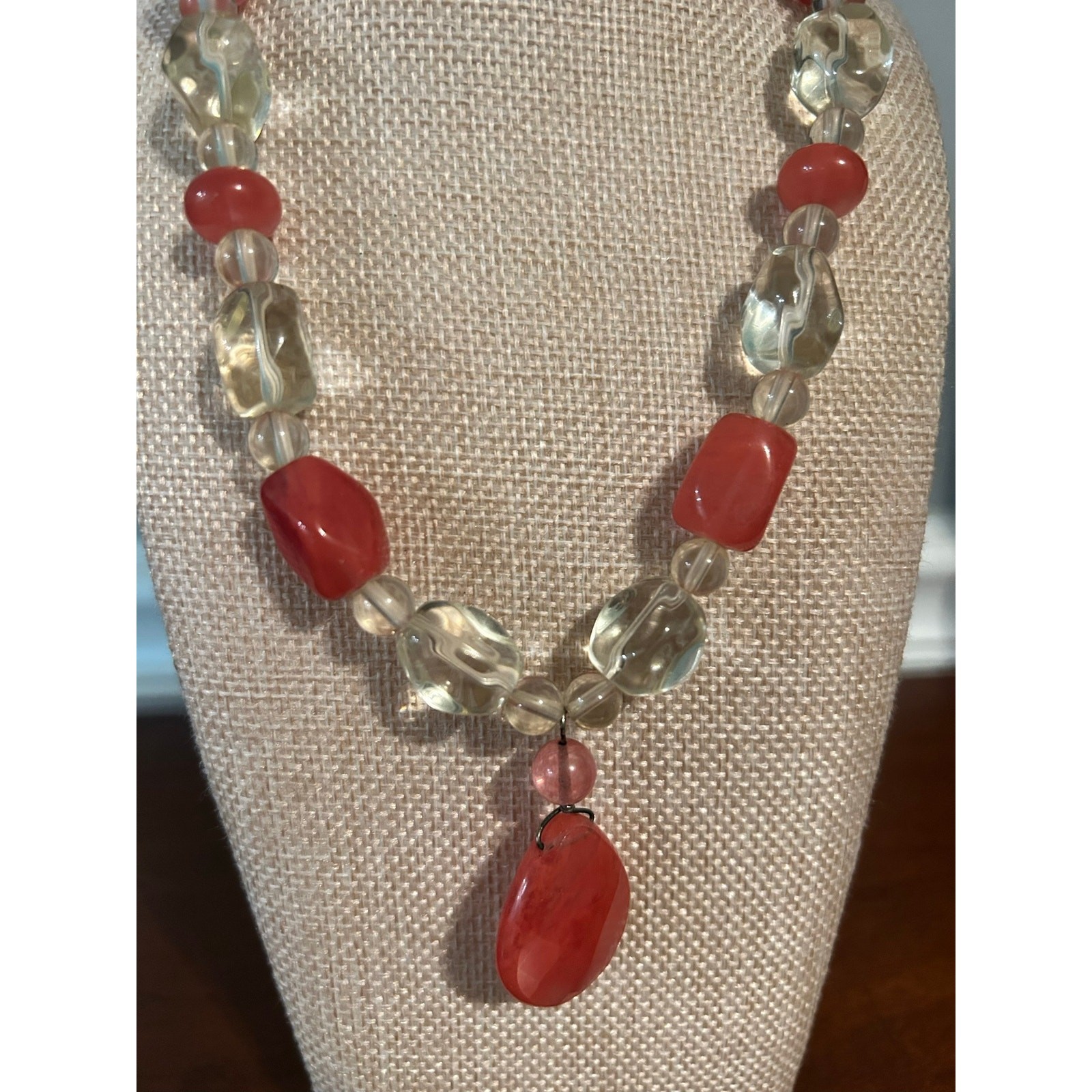 Vintage Pink Beaded Necklace Clear Faceted Oval Beads Choker 16 Inch Romantic
