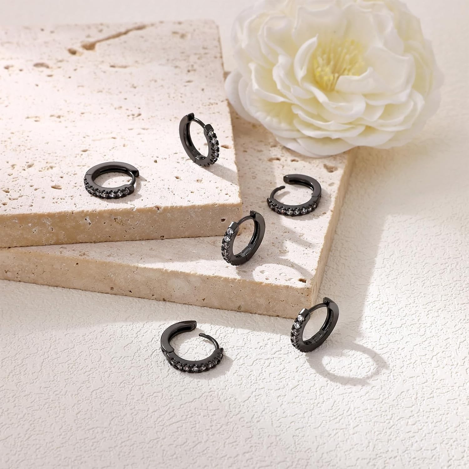 Elegant 3 Pairs Small Black Hoop Earrings with Cubic Zirconia – 8mm, 10mm, 12mm