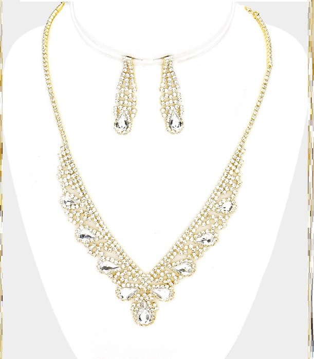 Crystal Rhinestone Evening Wedding Diamond Necklace Set Teardrop Statement Pave
