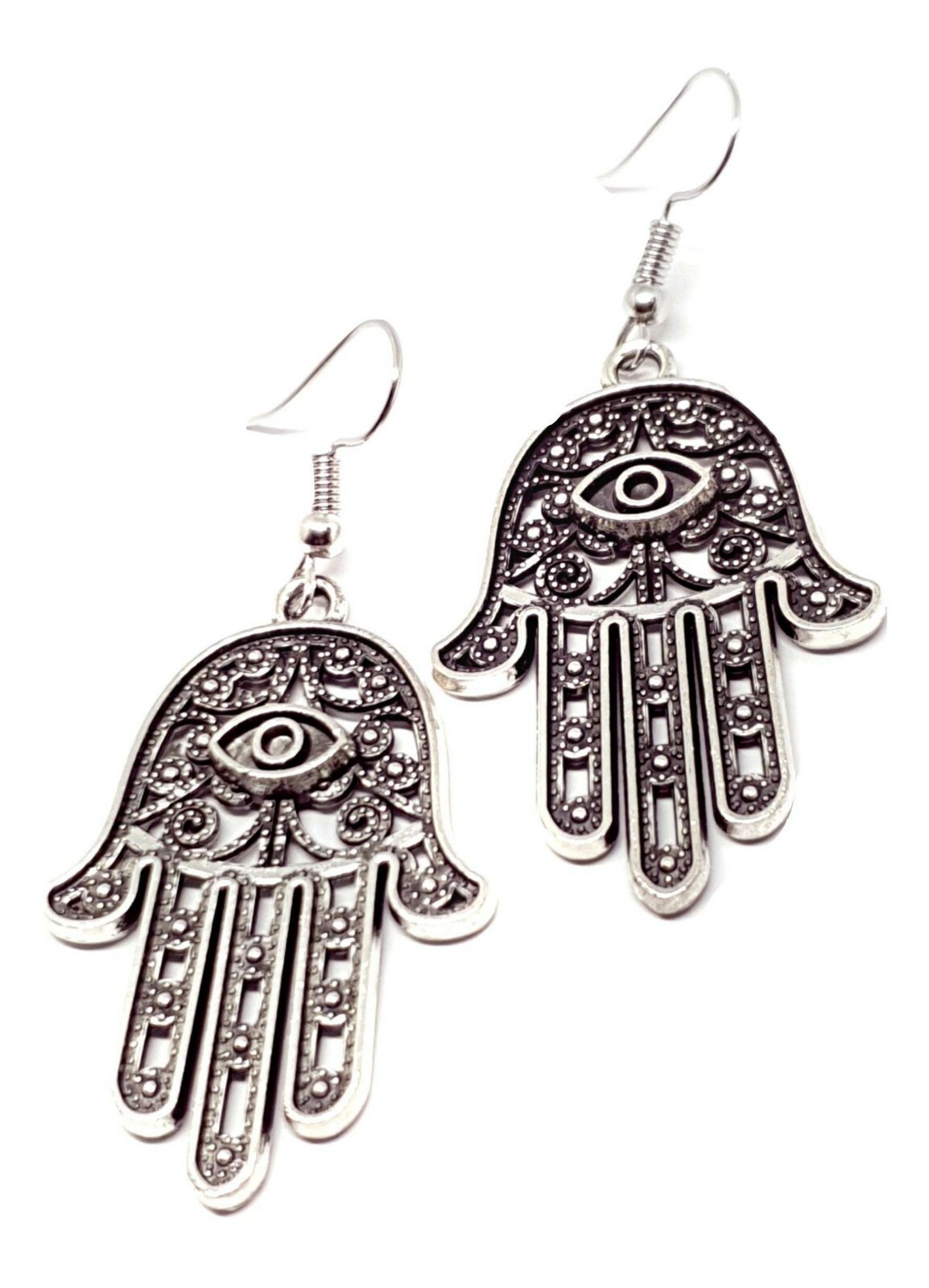 Large Hamsa Earrings Evil Eye Protection Filigree Silver Drop Dangle Jewellery