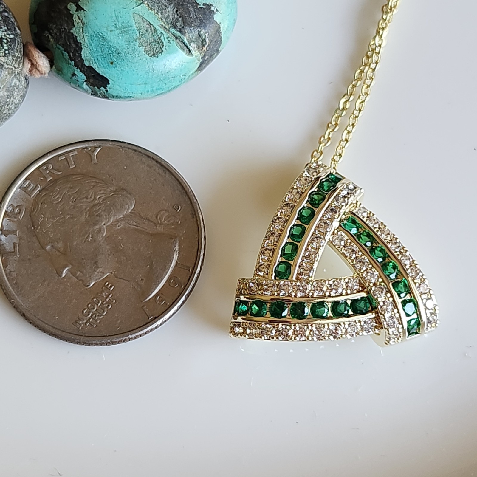 Triangle 2mm Green Sapphire 22mm Pendant Yellow Gold-Plate Gemstone Free Chain