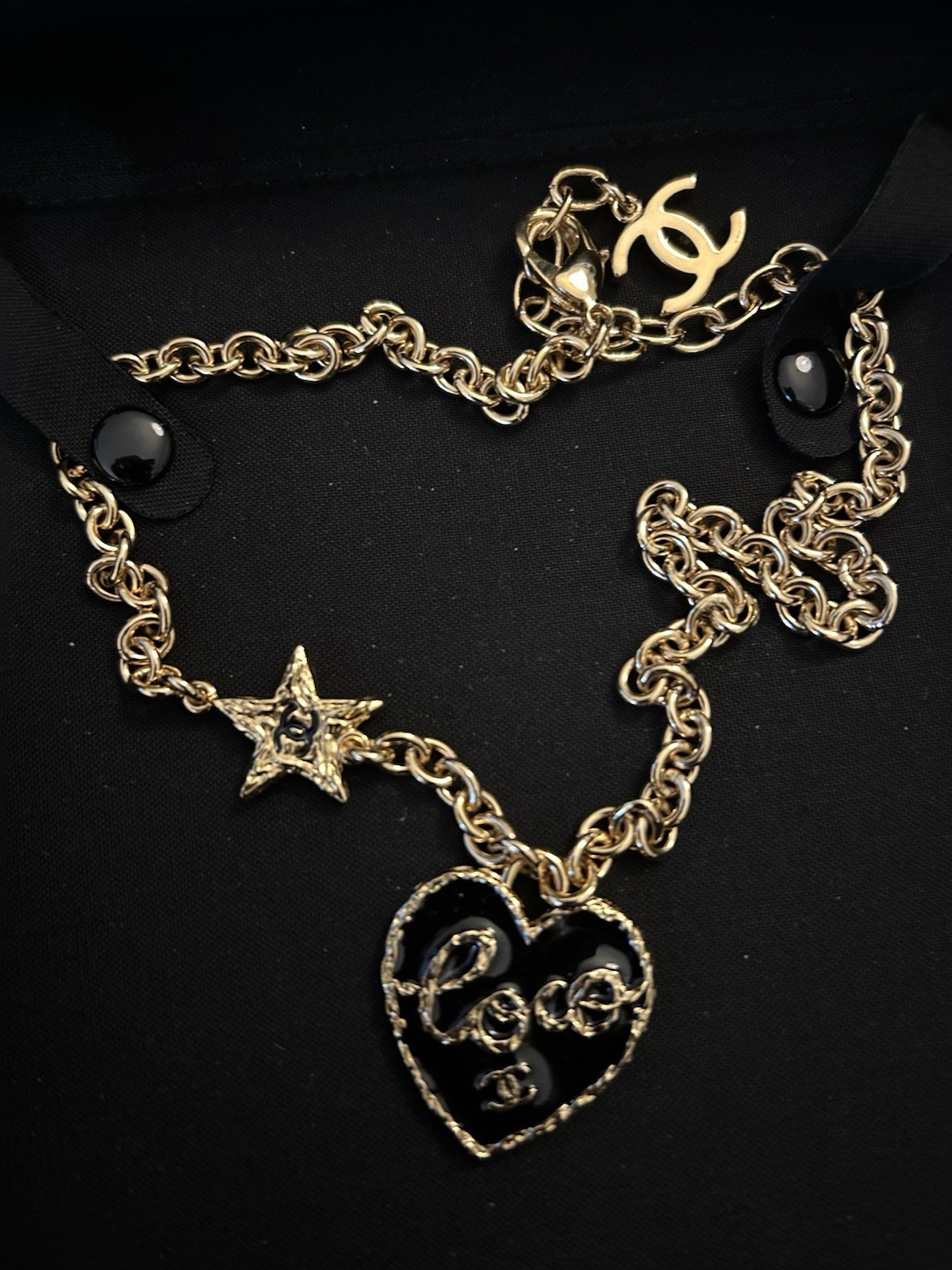 RARE Chanel Runway Coco Fashion Gold Black Heart Star Necklace AUTH NEW GIFTABLE