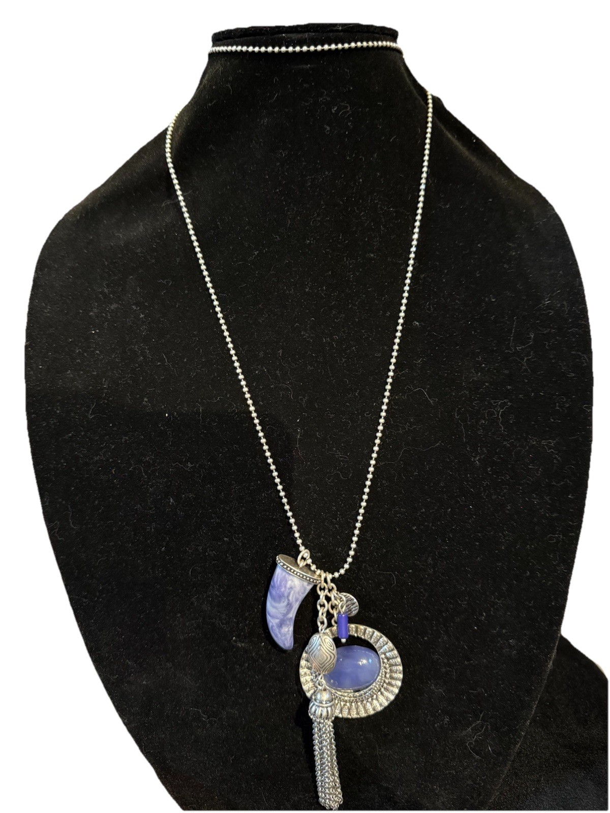 Chico’s Pendant Necklace Silver Purple Fringe Ball Bead Lobster Signed