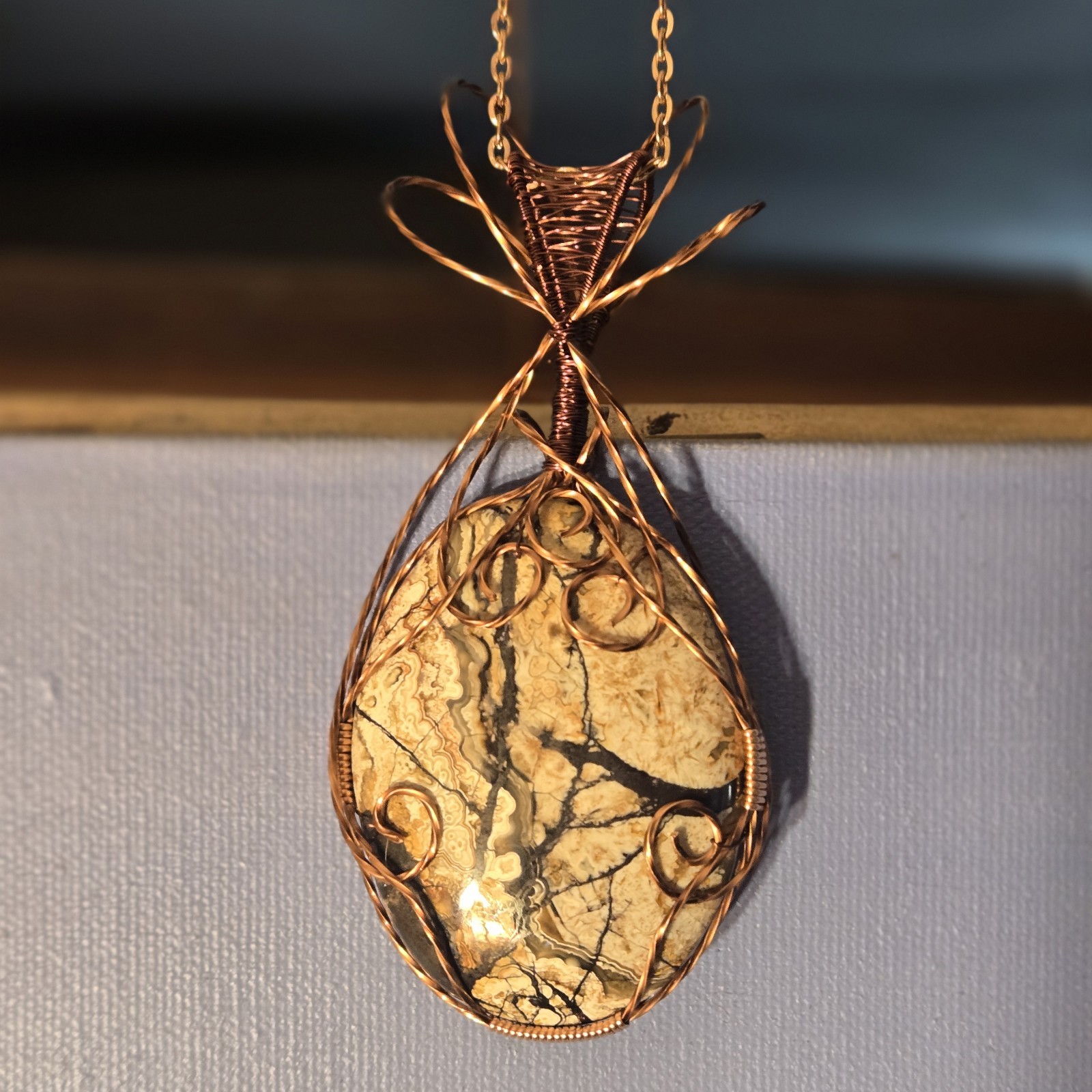 Crazy Lace Antique Copper Wire Wrapped Pendant. An Agate Stream And Trees. Idaho