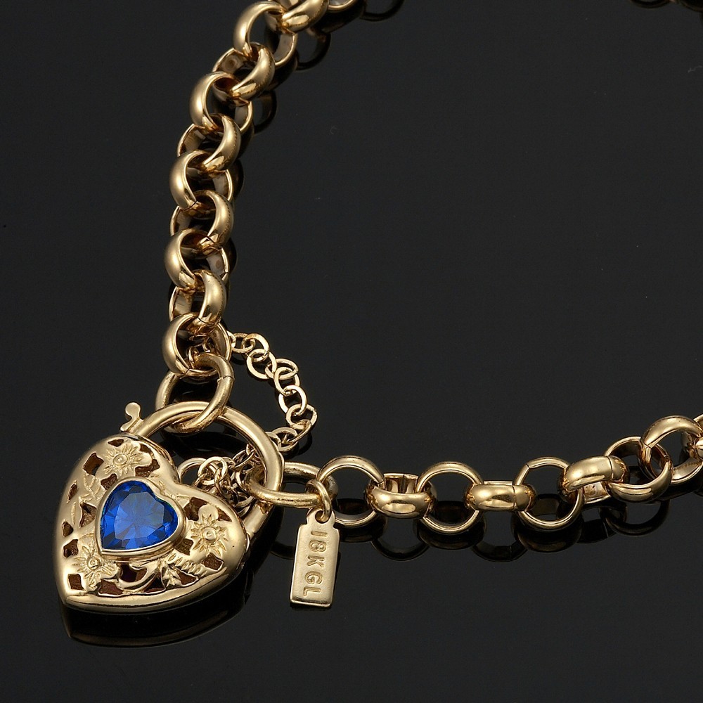 18K GL Solid Belcher Gold Bracelet Filigree Heart Padlock & Sapphire Blue Gem