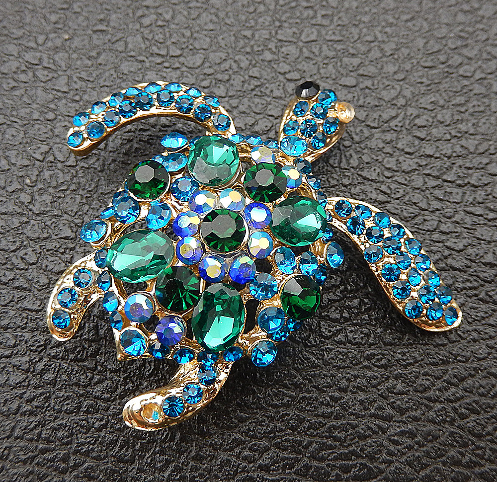 Women’s Green Blue Crystal Rhinestone Turtle Brooch Pin