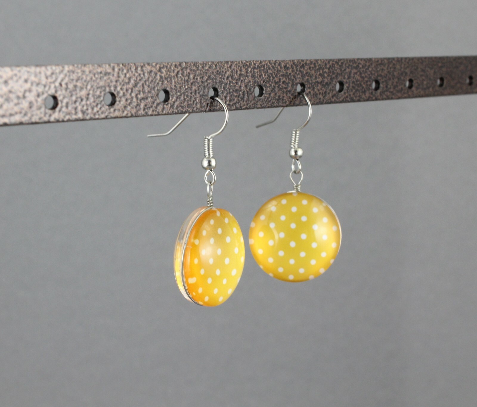 Yellow earrings polka dot dangle jewelry 1 5/8″ long medallion white dots