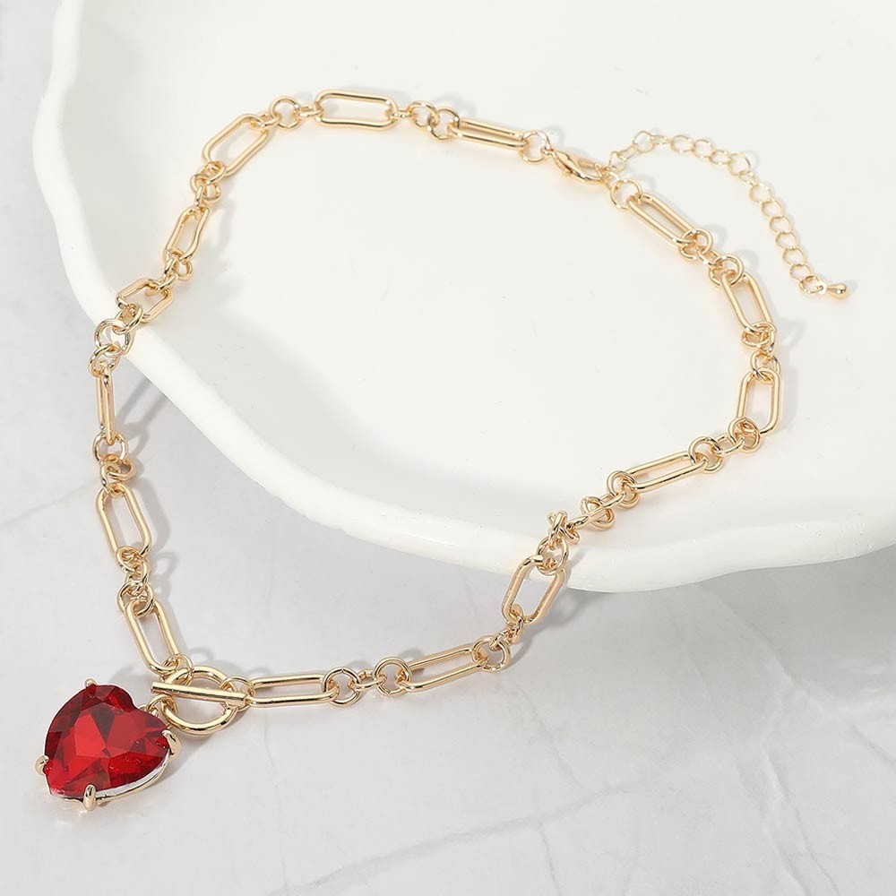 Gold Tone Red Heart Crystal Toggle Necklace Paperclip Chain Statement Pendant